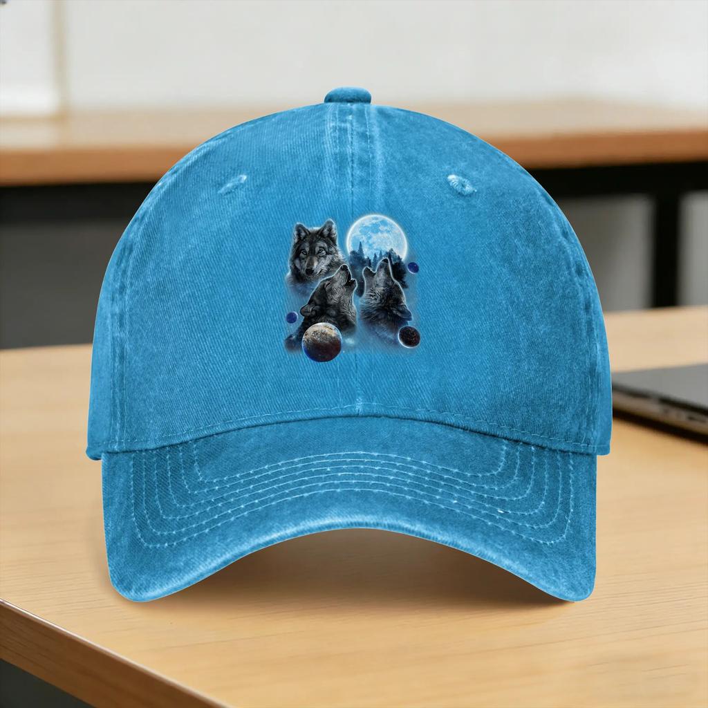 Three Wolf Howling and Moon Washed Baseball Cap  Vintage Sun Trucker Hat Summer UnisexTeens Hiking Fishing Snapback Cap