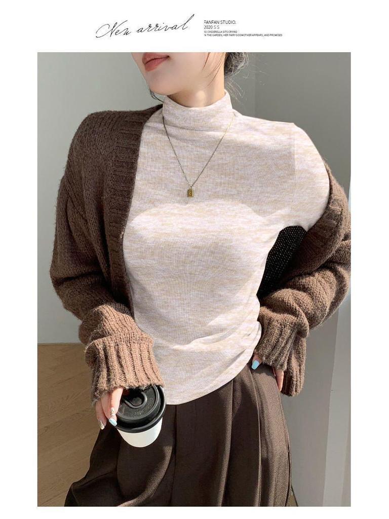 Women's Soft & Fluffy Cashmere Long-Sleeve Base Shirt with Half-High Collar for Spring, Autumn & Winter - Warm Fleece Inner Wear.
