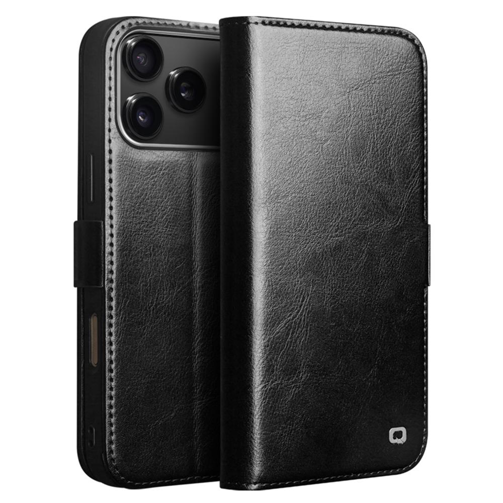 

QIALINO For iPhone 17 Pro Case with Card Holder Genuine Cow Leather Stand Phone Cover Black