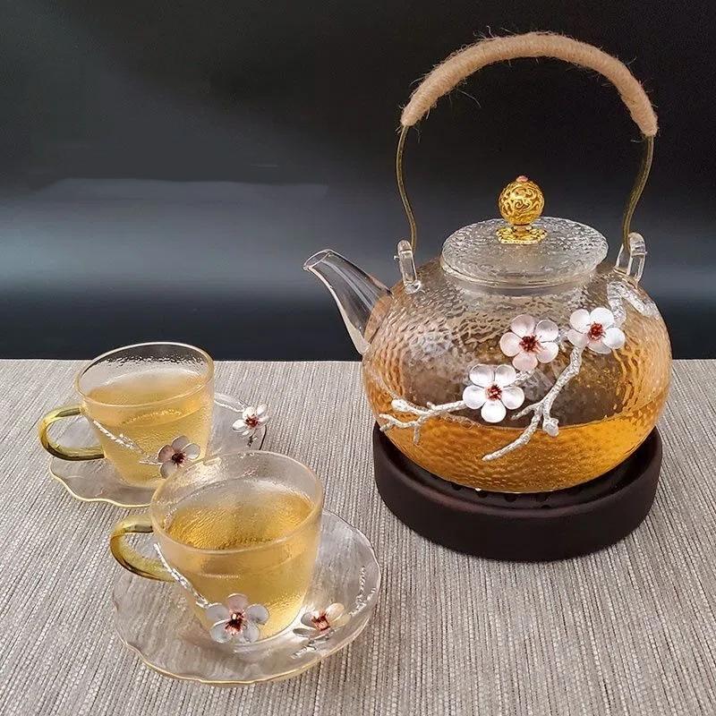 Handgefertigte Teekanne aus hitzebeständigem Glas im chinesischen Stil mit Pflaumenblütendesign – Hitzebeständiger Blumen-Teekessel mit Henkel
