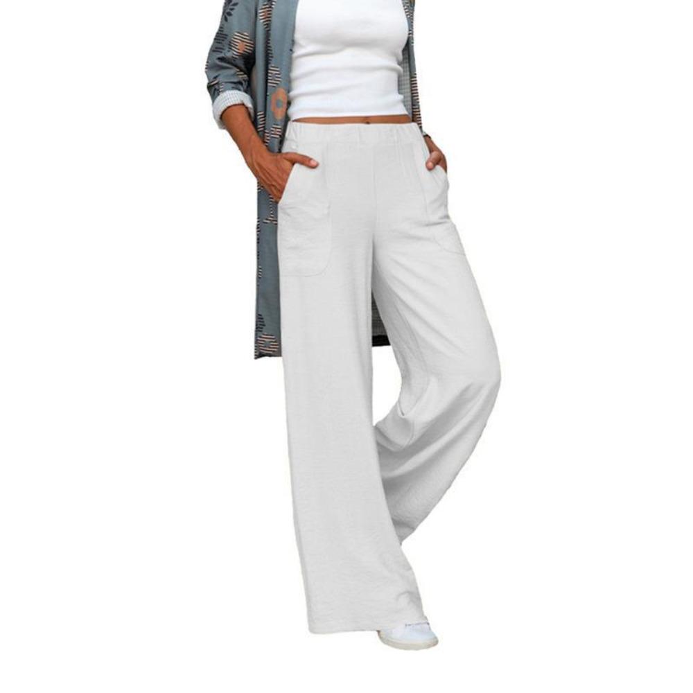 Women's Elastic Waist Solid Color Loose Fit Wide Leg Pants Minimalist Daily Casual Trousers With Pockets