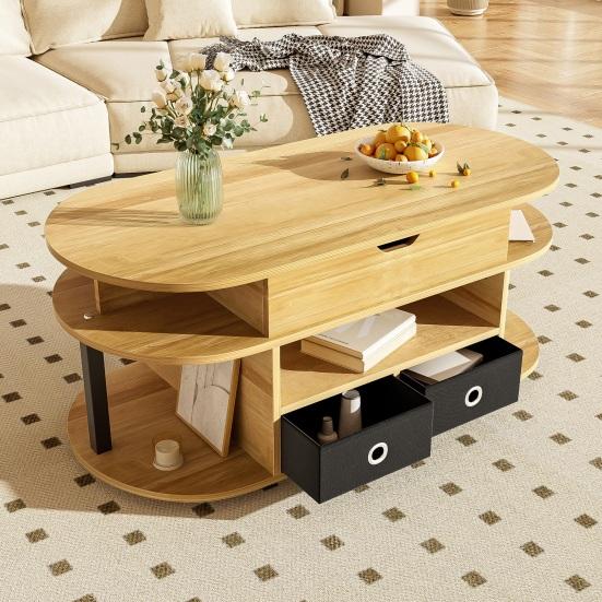 Home Coffee Table Modern Wood-Grain with Lift-Up Function Storage Space and Black Fabric Center Drawers Versatile Stylish Practical for