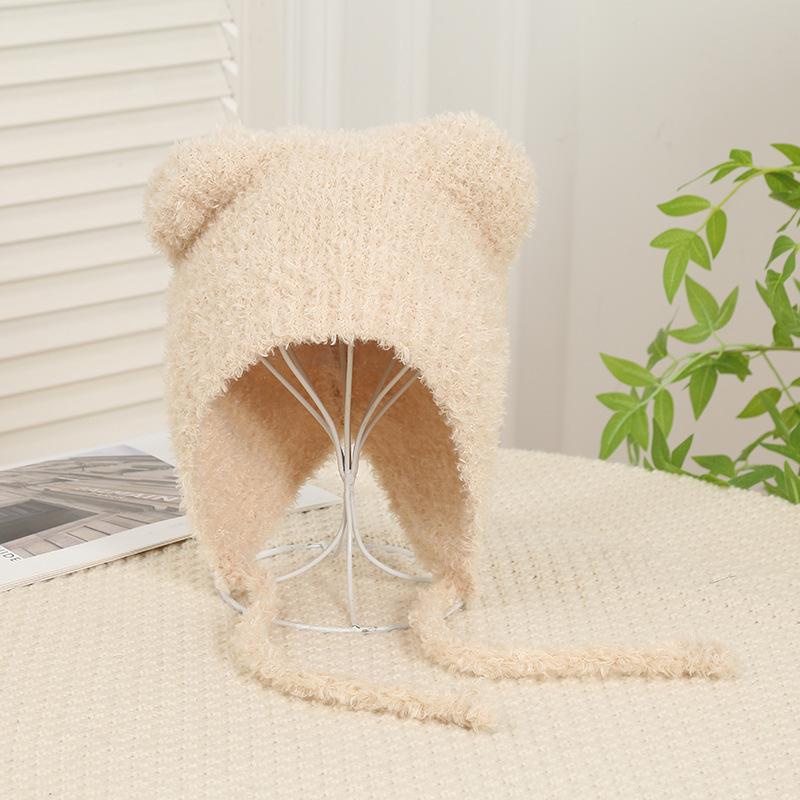 Winter Women Cute Warm Beanie with Bear Era Earmuffs Outdoor Travel Cycling Knitt Thick Fluffy Warm Pullover Cap for Autumn