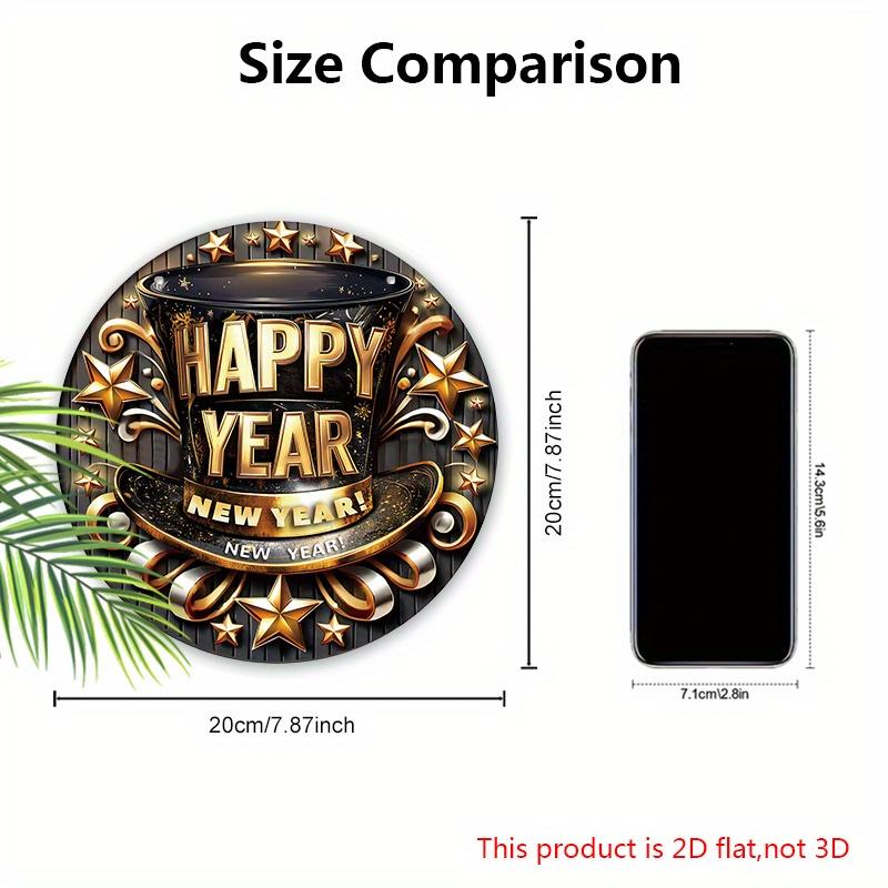 Happy New Year Wooden Sign with Top Hat Pattern - Celebrating The New Year Round Sign for Front Door, Wall Hanging Decor - Ideal Festival Decoration