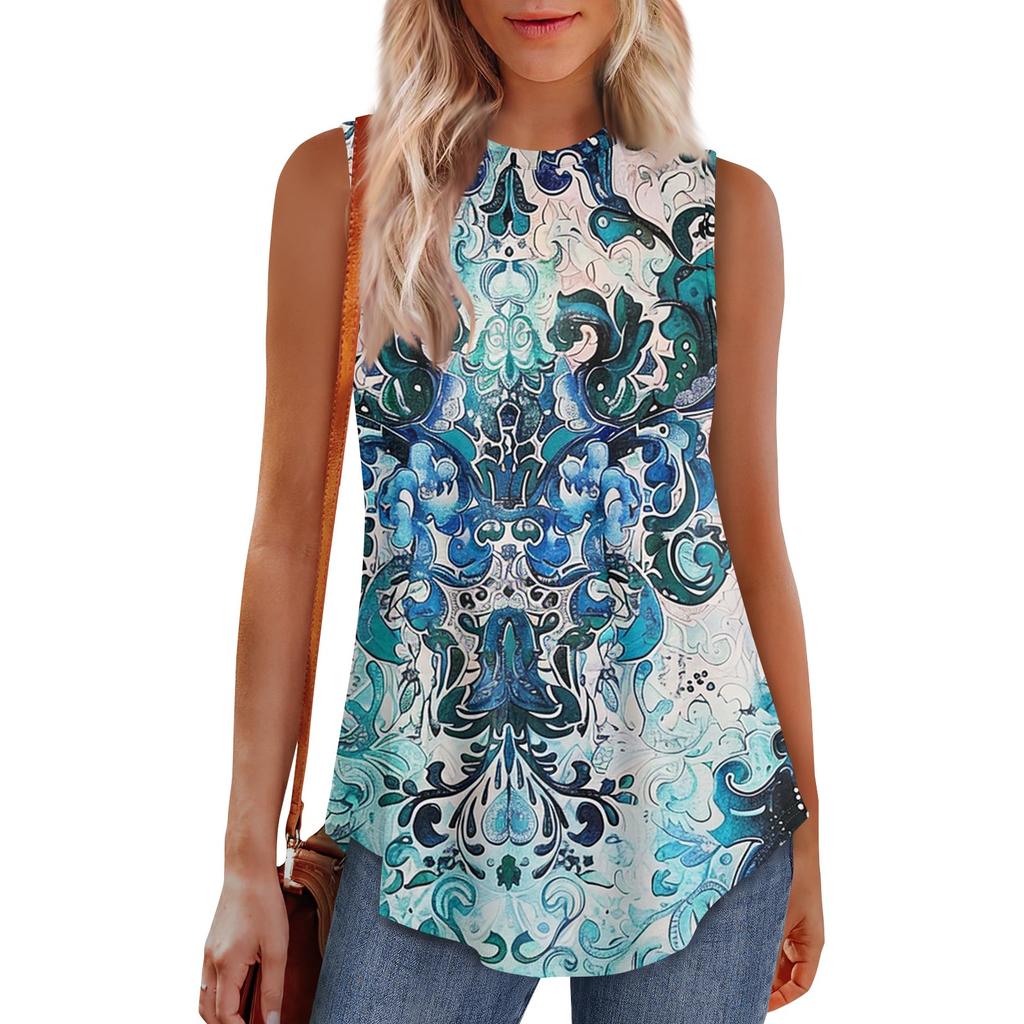 Women's Fashion Casual Sleeveless Vest Vintage Print -neck Sleeveless Top