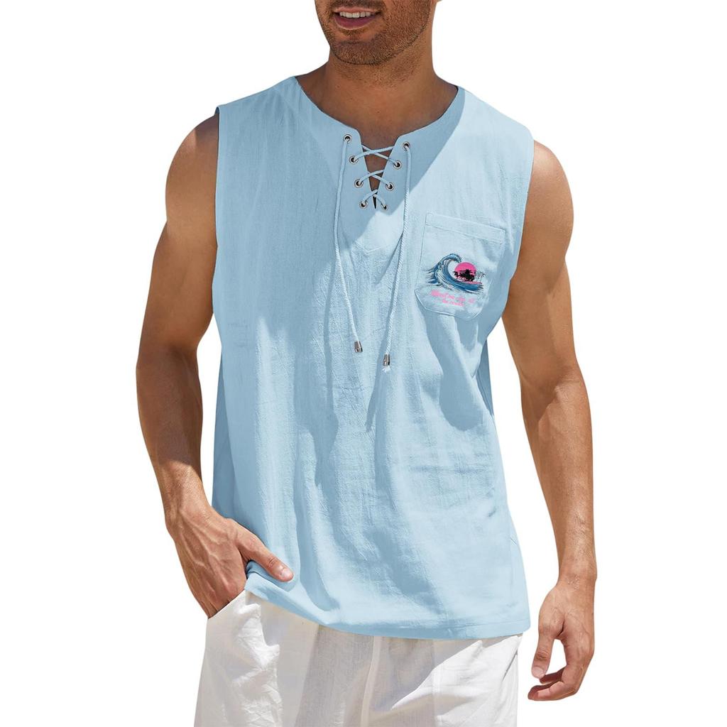 Men's Hawaiian Print Tank Top, Loose Fit Sleeveless Shirt with Adjustable Tie, Casual Beach Summer Top