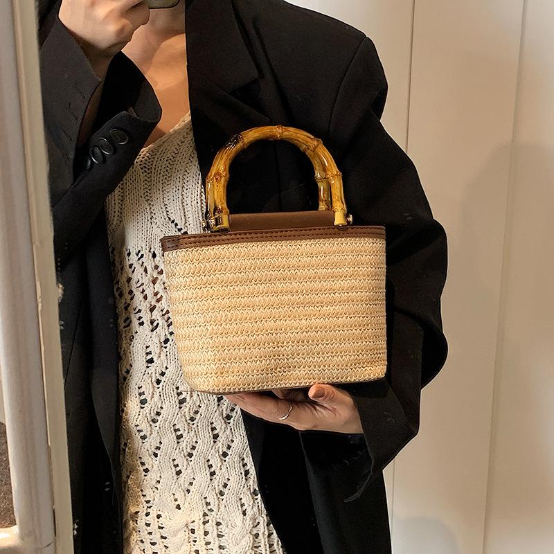 Weaving Bag Summer New Bamboo Handle Tote Straw Bag Niche Simple Shoulder Crossbody Bucket Bag Women's Bag AVE