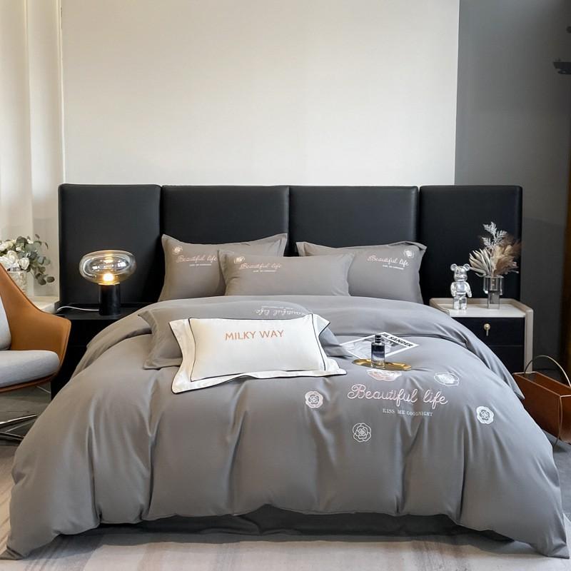 Luxury Embroidered Brushed Cotton Blend Bedding Set Solid Color Thickened Duvet Cover Sheet Pillowcases European Style All Season