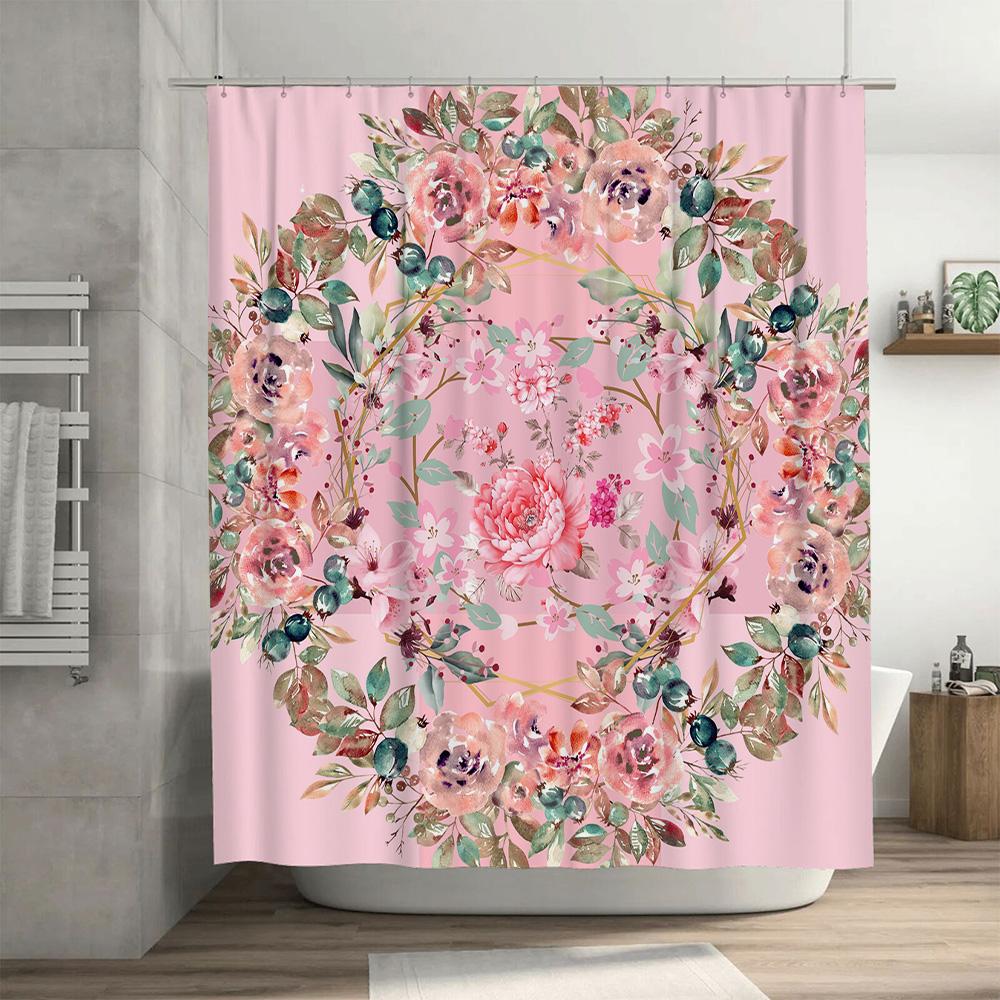 Delightful Pink Floral Bathroom Shower Curtain for Home Decor Lavender Green Flower Garden Design Waterproof Fabric Size 180cm X