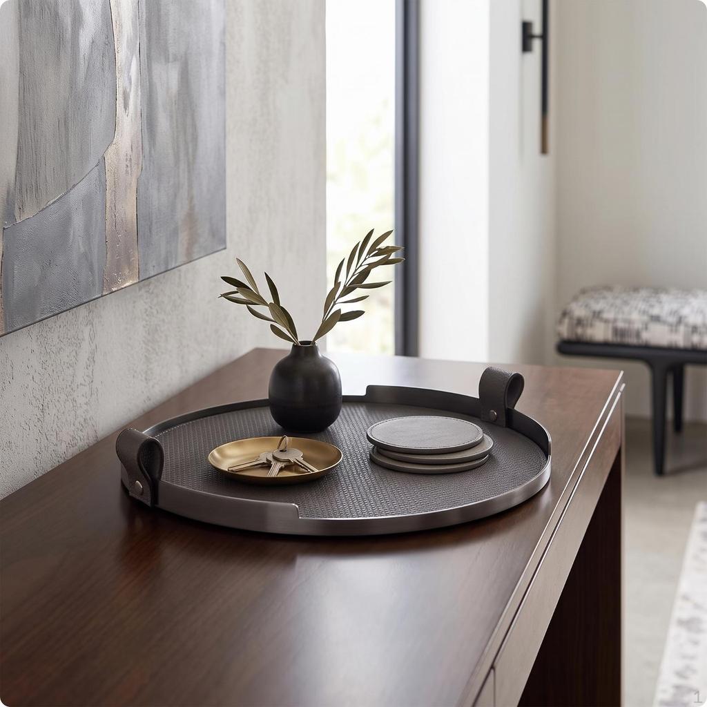 Tray with Handles Contemporary Circular Metal Decorative for Home Stylists, Interior Designers,