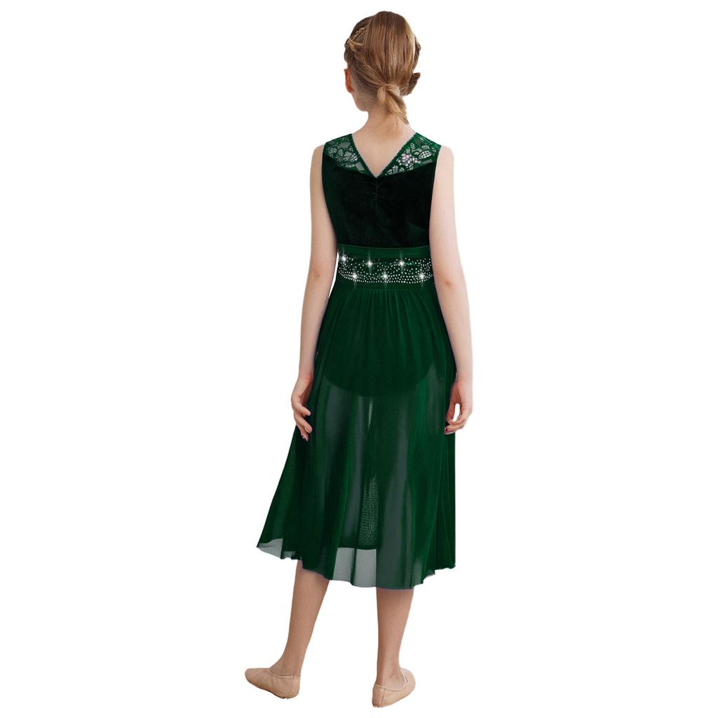 Dívčí šaty s krajkovou nášivkou, řasenou síťovinou a asymetrickým lemem, zdobené třpytivými kamínky, kostým pro lyrický tanec