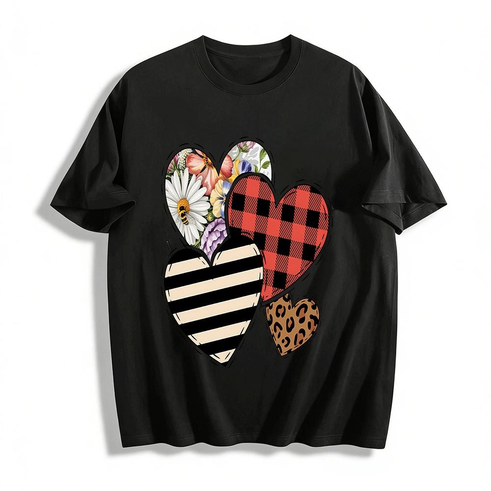 Vintage Patchwork Heart Print Casual Top Pure cotton T-shirt XXS