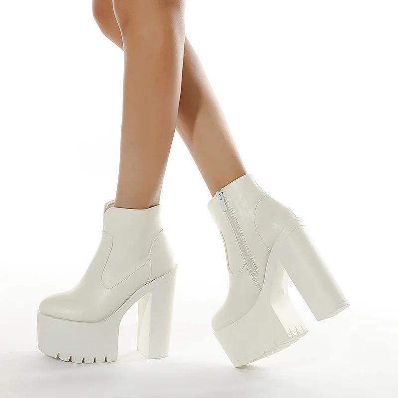 Módní Sexy Robustní Vysoké Podpatky Kotníkové Boty Pro Ženy Punkový Styl Zip Silná Platforma Elasticita Mikrovlákno Boty Sapatos Femininos