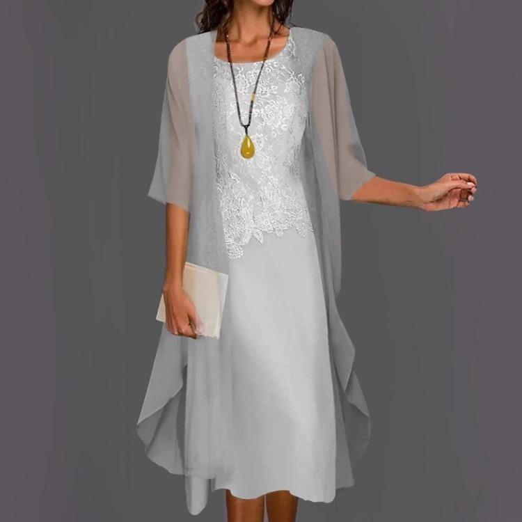 

Fashion Elegant Women Two Piece Sleeveless Round Neck Chiffon Lace Patchwork Solid Color Dress XL