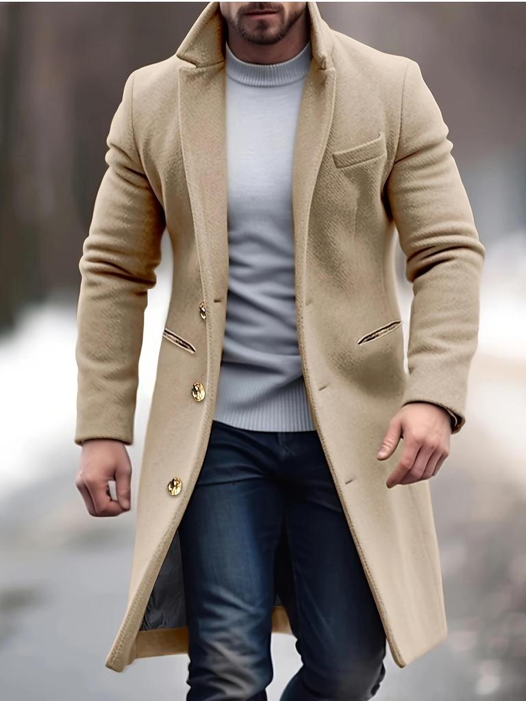 2025 European Men's Woolen Mid-Length Single-Breasted Fashion Overcoat