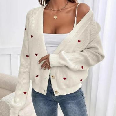 Love Embroidered Knitted Sweater Jacket, Autumn and Winter Single-breasted V-neck Sweater Cardigan for Women