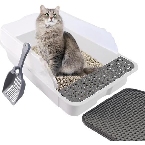 Open Cat Litter Box with High Side,Anti-Splashing Cats Litter Pan,Kitten Litter Box with Litter Sifter and Litter Mat,Semi-Enclosed Removable Kittens