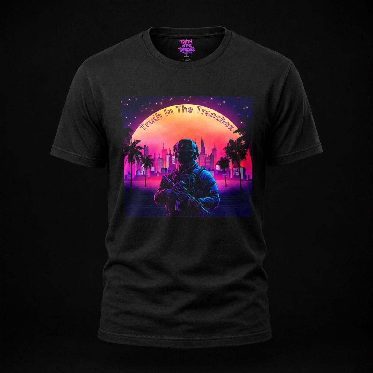Neon Retro Sunset Palm Trees Cyber Tactical Soldier Silhouette T-Shirt 2XL