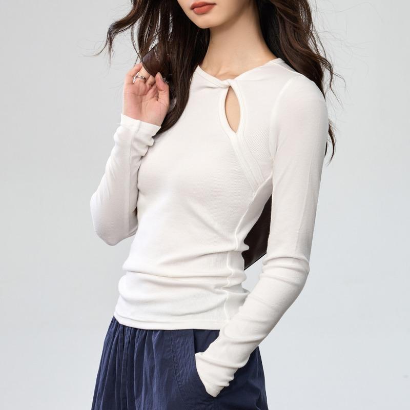 Frühling Herbst Einfarbig Ausgehöhltes Unterteil Damen Langarm Slim Knoten Pullover T-Shirt Temperament Top