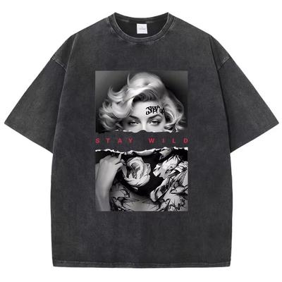 Woman Cotton Washed T-Shirts O-Neck Short Sleeve European Style Fashion Portrait Print Tops Summer Female Clothes