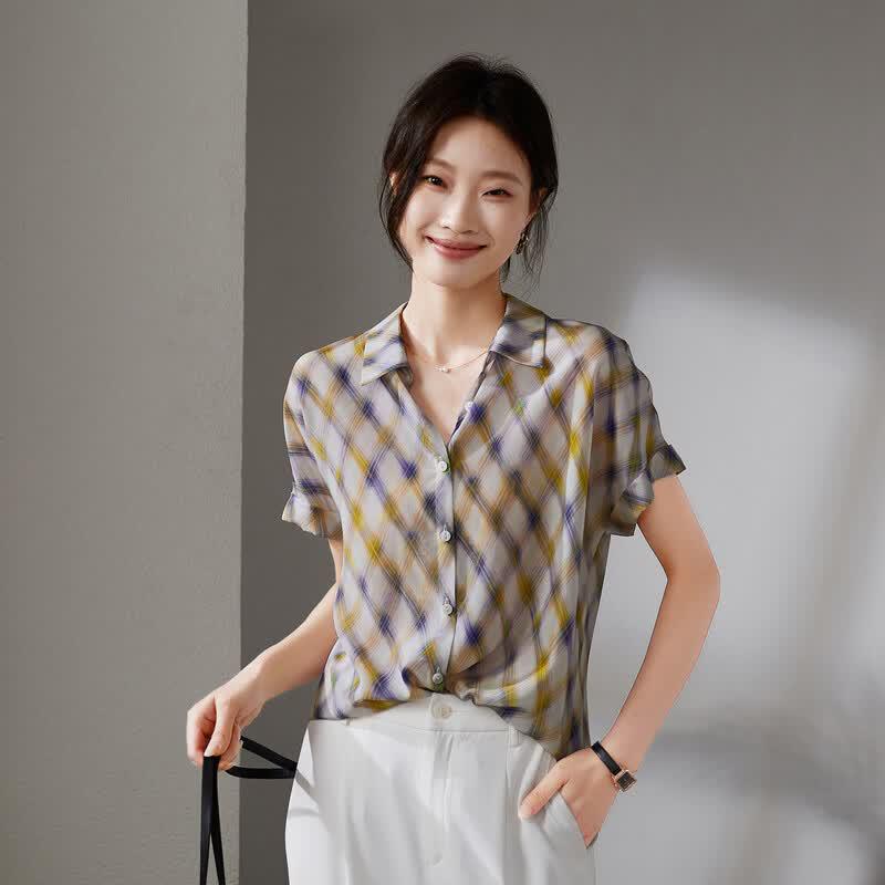 SOFSIL Women s 100% Mulberry Silk Plaid Short Sleeve Shirt S