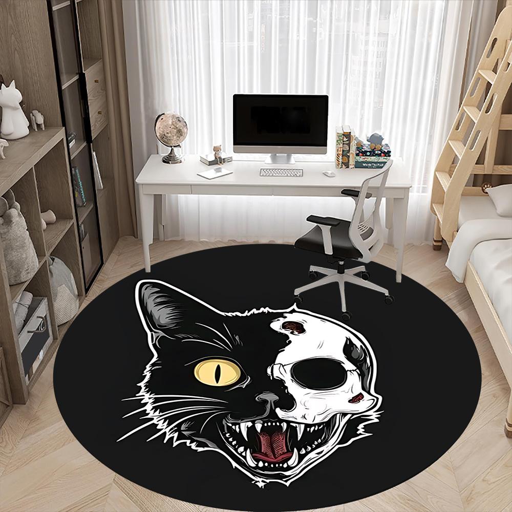 1pc Cat Skull Office Round Area Rug, Indoor Mat Suitable ForOffice, Under Office Chairs Bedroom Living Room Home Decor, Room Deco u69