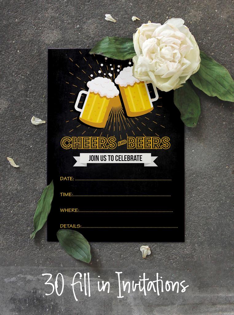 Inkdotpot Cheers and Beers Birthday Invitation,Party Invites, 30 years, 40 years, 50 years, Pack Of 30 Fill In Invitations With Envelopes