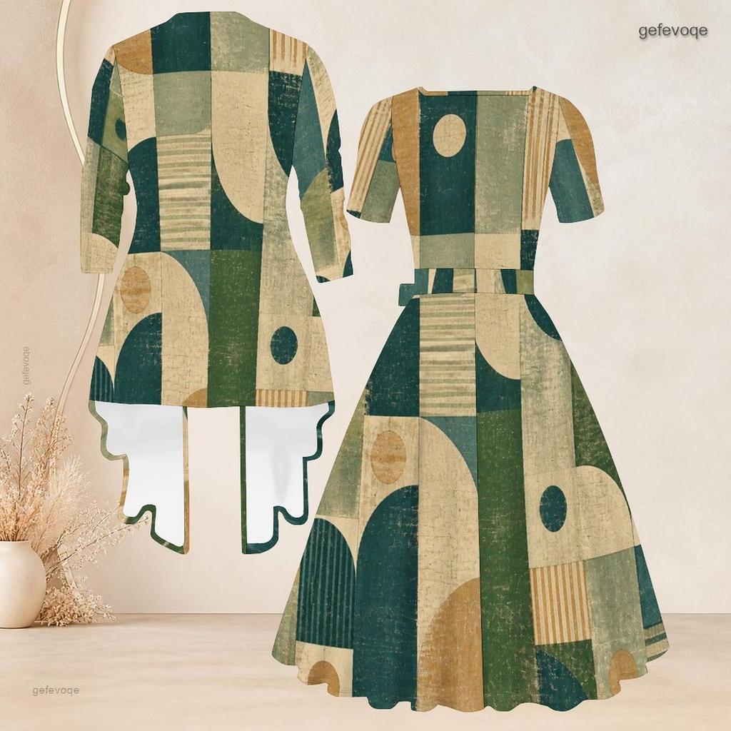 Women Plus Size Two Piece Set Geometric Printed Square Neck Short Sleeve Tie Waist Flared Dress And 3 4 Sleeve Long Cardigan