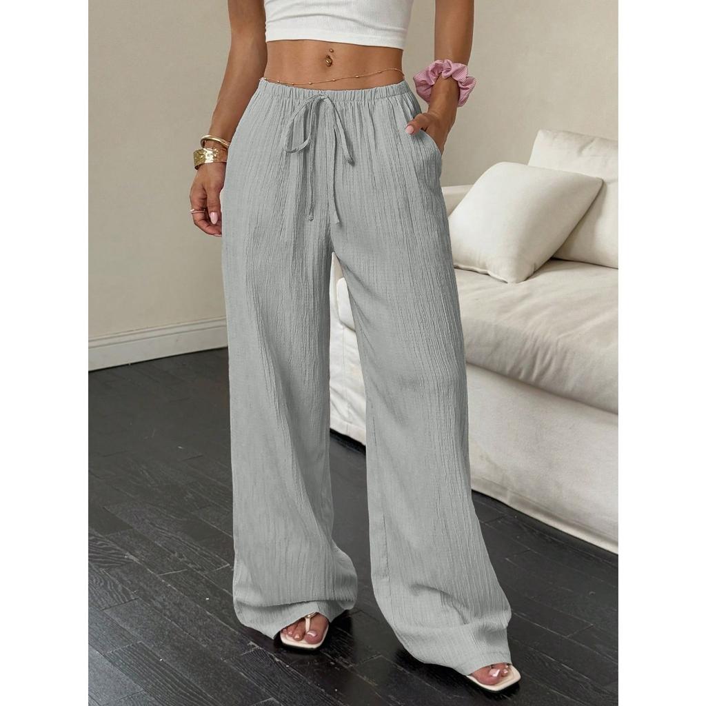 New Women's Casual Solid Color Textured Fabric Knotted Waist Slanted Pocket Wide Leg Pants