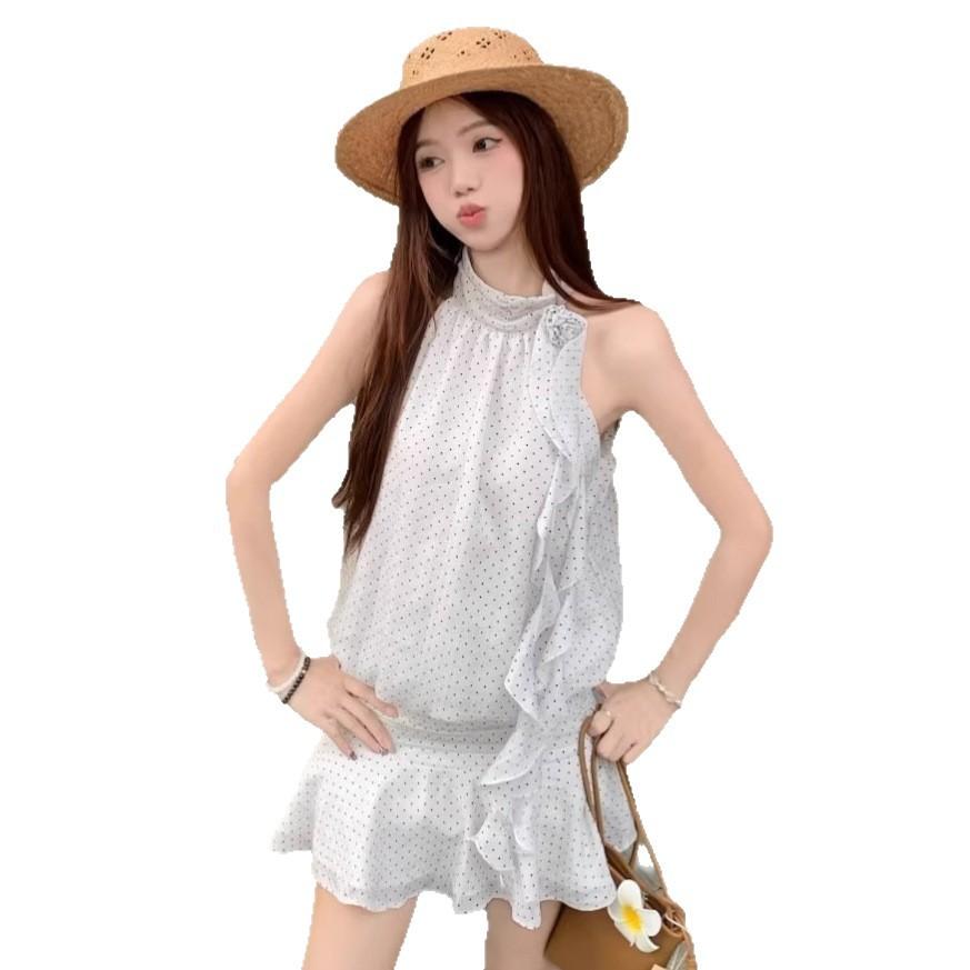 French Atmosphere Polka Dot Dress Women's Summer New Sleeveless Neck Short Skirt Temperament Spice Girl Slim Fit Skirt