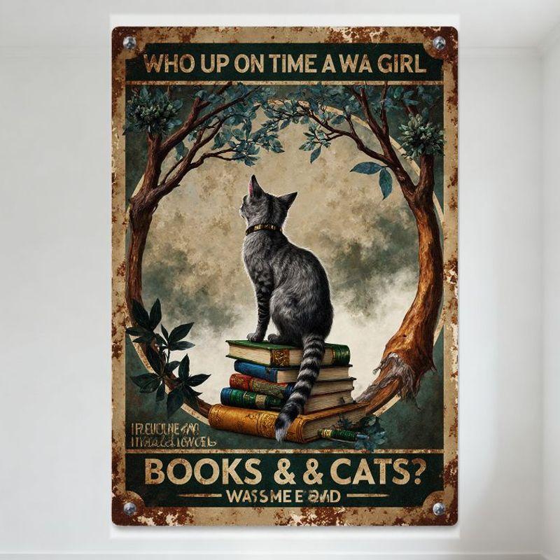

Vintage Whimsical Cat on Books Metal Sign - Gray Tabby Cat Tree Arch Retro Tin Sign for Home Cafe Bar Wall Decor, Who Up On Tim 20x30cm（7.8x11.8inch）