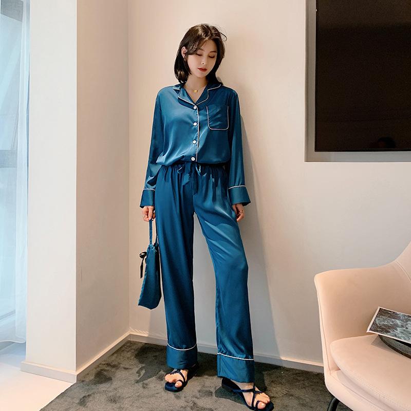 Season long-sleeved pajamas silk new three-piece set ice and snow pajamas women's loungewear trousers set silk pajamas women's autumn