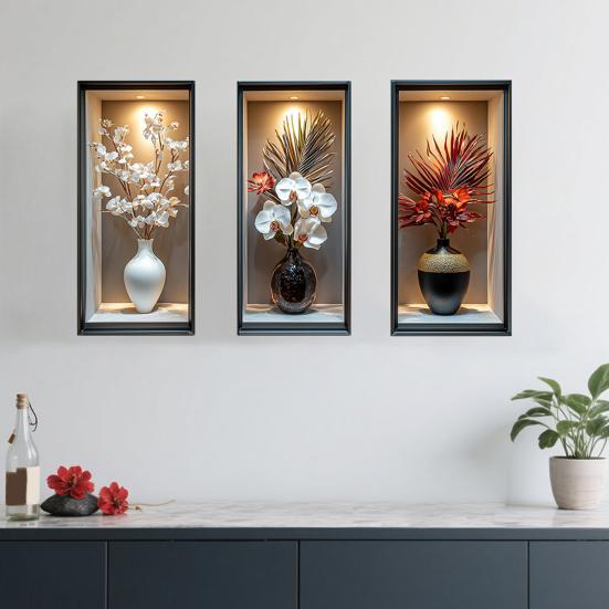 3Pcs 3D Flower Wall Stickers, Realistic Flowers Vase Wall Decals, Waterproof Self-Adhesive Potted Plants Stickers, Greenery Wall Stickers for Living