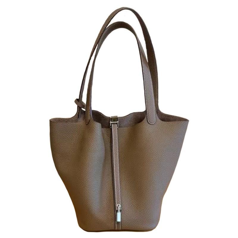 First-layer TC Cowhide Hand-carried Vegetable Basket Bag Leather Underarm One-shoulder Handbag Fashionable Casual Large-capacity Bucket