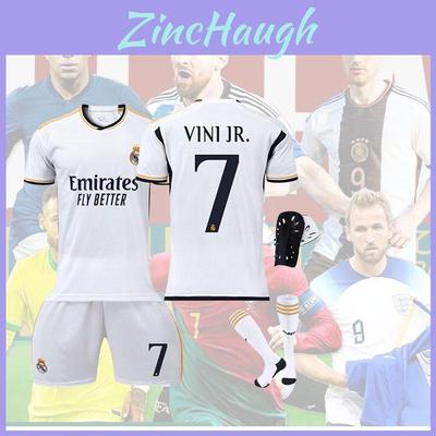 Authentic Real Madrid Home 7 Vini.jr Soccer Jersey Kit Polyester Material Shirt Pants Socks And Protective Gear