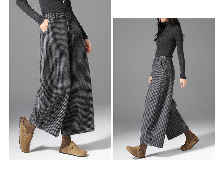 Women's High-Waisted Woolen Wide-Leg Plaid Pants with Velvet Lining for Autumn/Winter – Petite Casual Style.