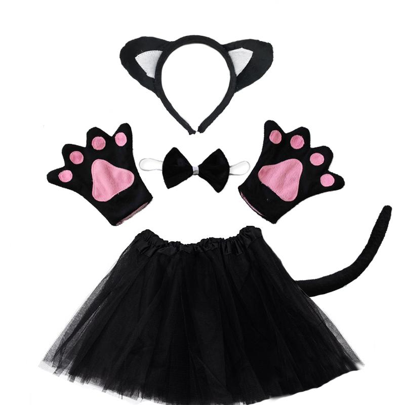 Accessoires de Fête pour Enfants Bandeau Oreilles de Chat Noir Fille Jupe Tutu Queue Gants Ensemble Halloween Carnaval Cadeau d'Anniversaire Déguisement Cosplay for kids pink