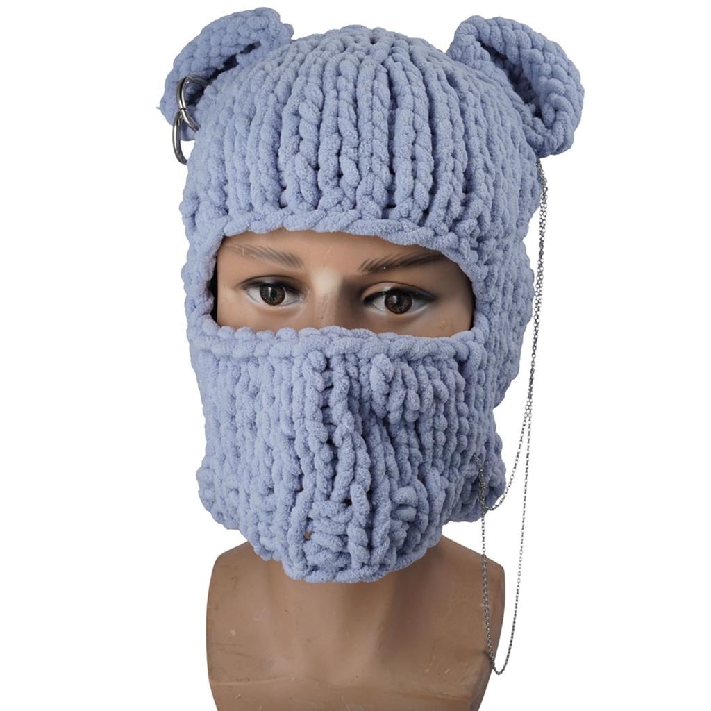 Knitting Balaclava Cap for Women Cute Bear Ears Plush Beanie Hat Handmade Face Cover Hat Crochet Hooded Hat for Party