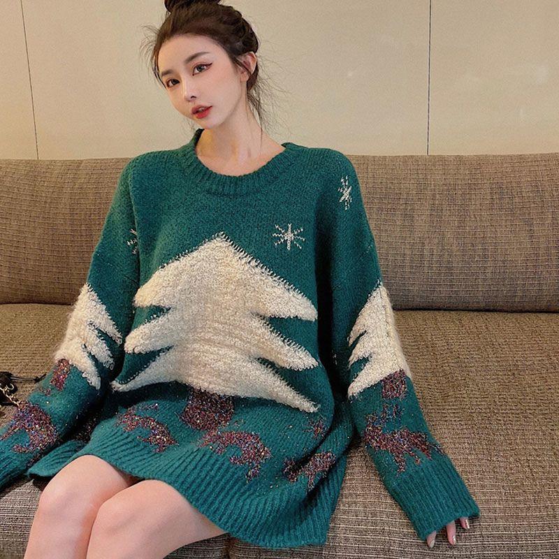 Korean Pullover Sweater Christmas Loose Slouchy Sweater Women Design Sense Versatile Long Sleeve Pullover Sweater Top Fashion