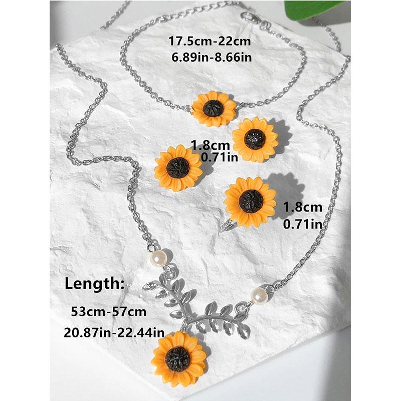 Cute Sweet Resin Flower Pendant Metal Leaves Chain Sunflower Necklace Bracelet Rings Earring Set Jewelry HUANZHI 2023 NEW