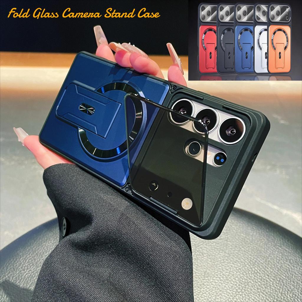 Fold Glass Camera Stand Magnetic Armor Case For Samsung S26 S25 S24 S23 Ultra S25FE A57 A17 A37 A07 A56 A16 For Magsafe Cover