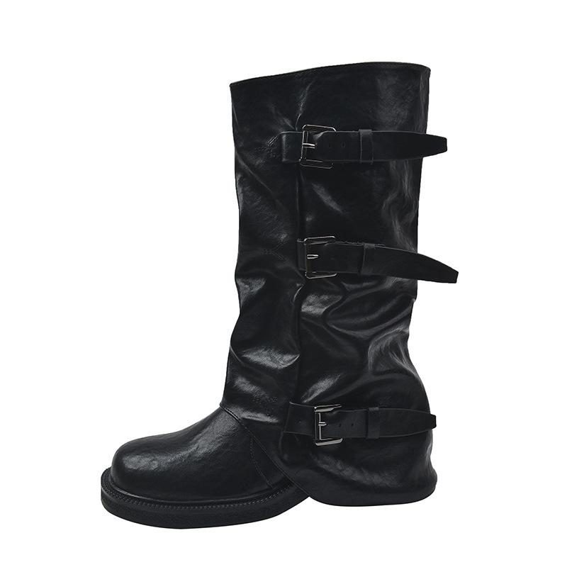 

Ретро ботинки женские ранняя осень западные ковбойские ботильоны высокая талия массивный каблук модные ПУ кожа супертонкое волокно 2025 35 чёрный