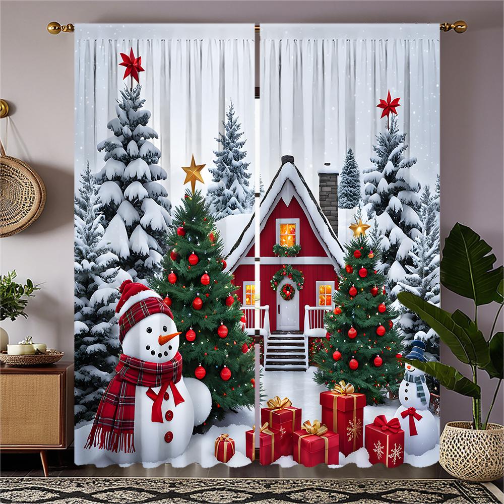 

2-piece set of high-definition digital printed curtainChristmas Snowy Red House Snowman Gifts Decorative CurtainHome decoration 100*130 Grommet Top 1pcs