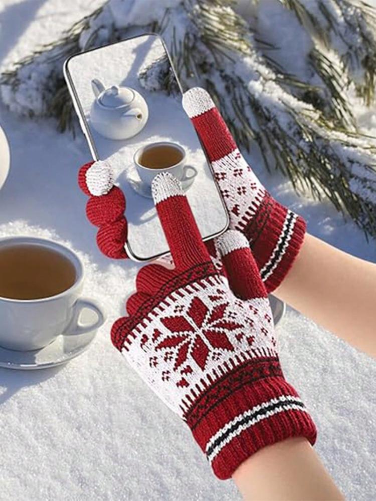 Touchscreen Knitted Gloves Snowflake Pattern Full Finger Thick Warm Knitted Winter Gloves For Men Women Couple Gloves