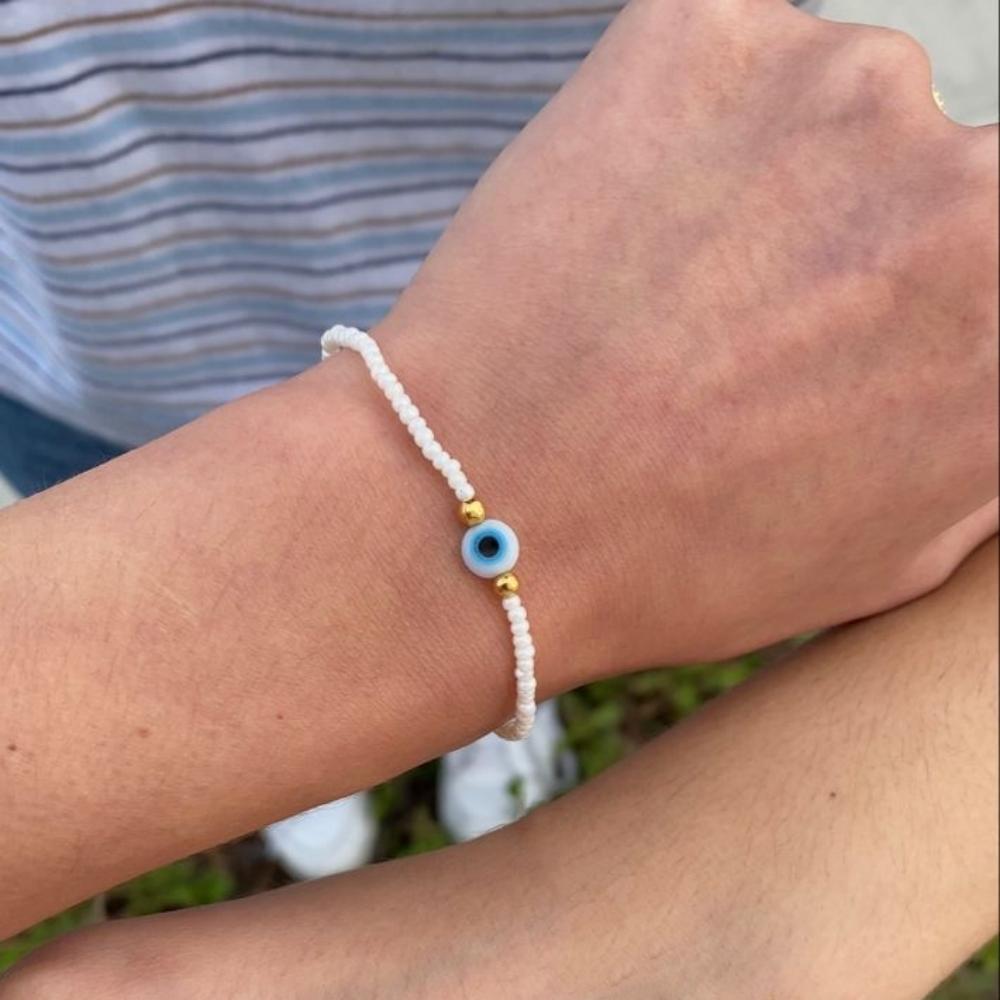 

Vlen Turkish Evil Eye Bracelet White Glass Beads Stretch Lucky Jewelry Elastic Amulet Protection Charm for Women Good Luck Gift
