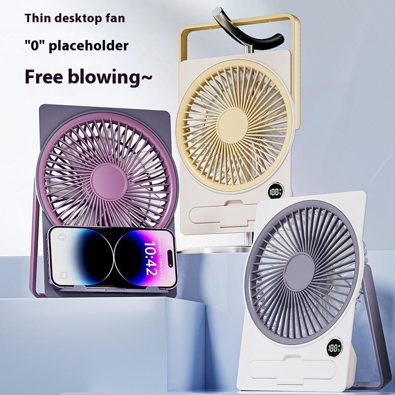 Ultra Thin Mini Fan Usb Rechargeable Card Fan Lcd Digital Display 5-Speed Adjustment Hanging Stand Dual Use Desktop Fan