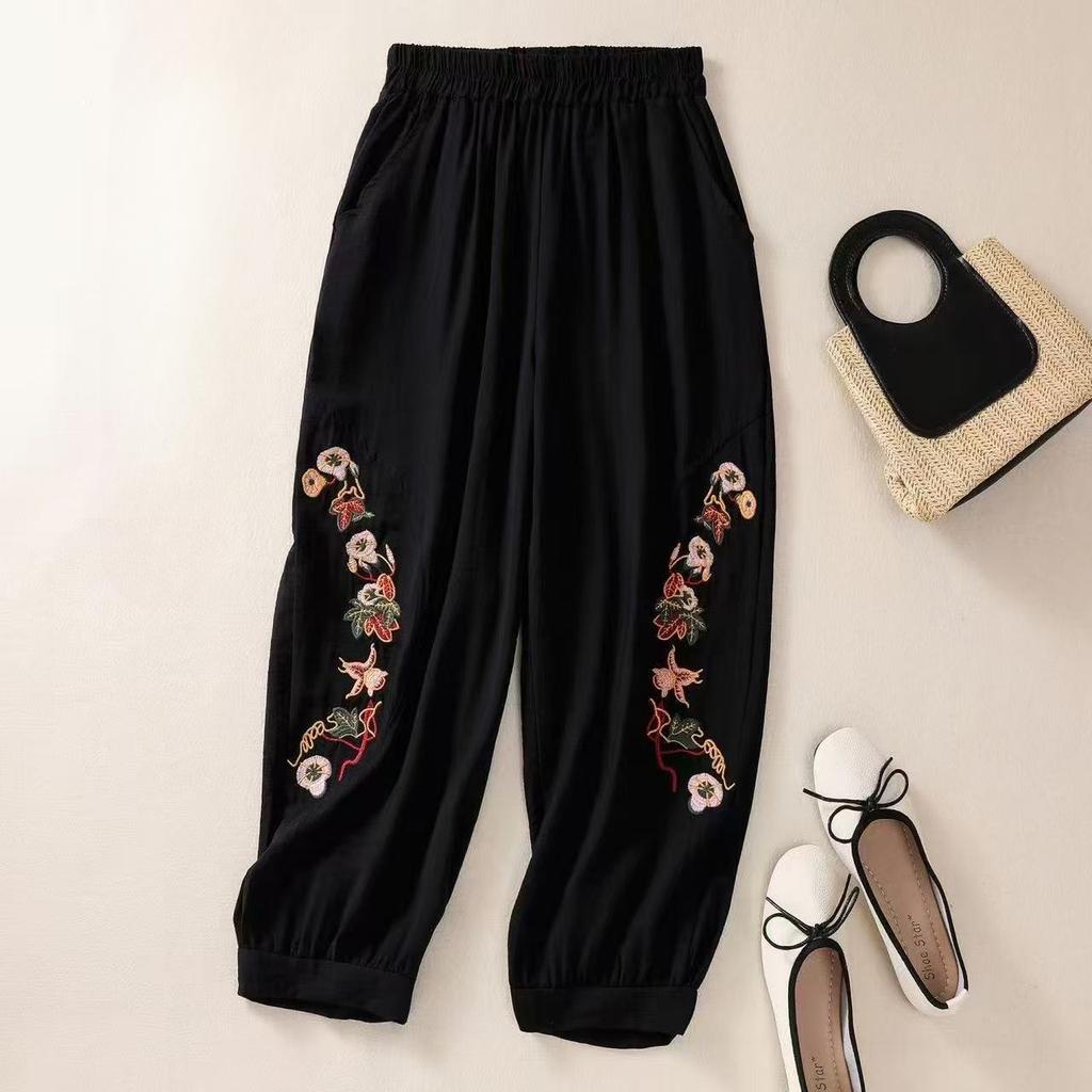 Summer Flower Embroidery Cotton Linen Harem Pants Women Bottoms Casual Vintage Pocket Lantern Ankle-Length Pants