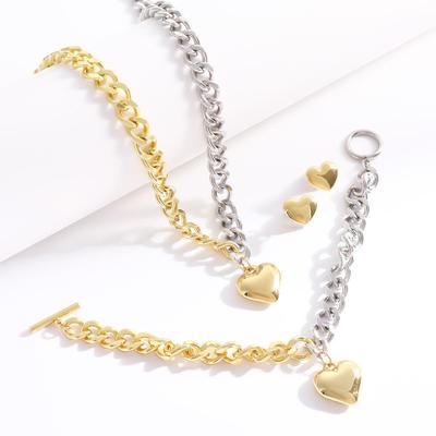 Ensemble Collier Chaîne Cubaine Plaqué Or 18 Carats, Bracelet Acier Titane Fermoir OT, Boucles d'Oreilles Mode Luxe Léger