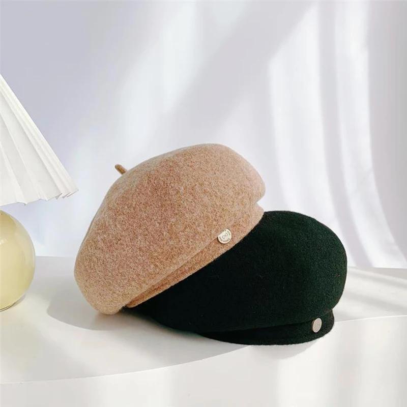 Women French Art Retro Wool Felt Autumn Solid Colors Warm Winter Beanie Hat Beret Cap For Female