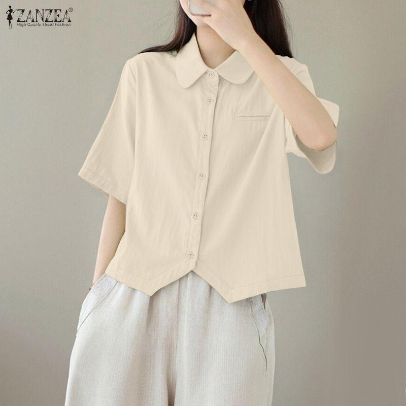ZANZEA Women Turn Down Collar Loose Casual Half Sleeve Blouse